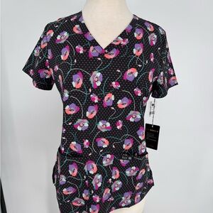koi Black Floral V-Neck Leslie Poppies Scrub Top with Pink & Purple Accents